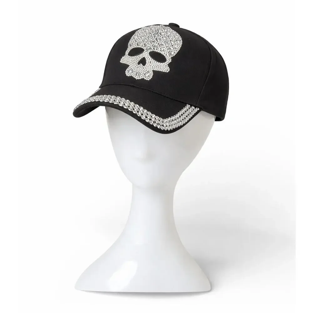 New Women's Skull Rhinestone & Black Bling Baseball Cap Adjustable Fashion Hat
